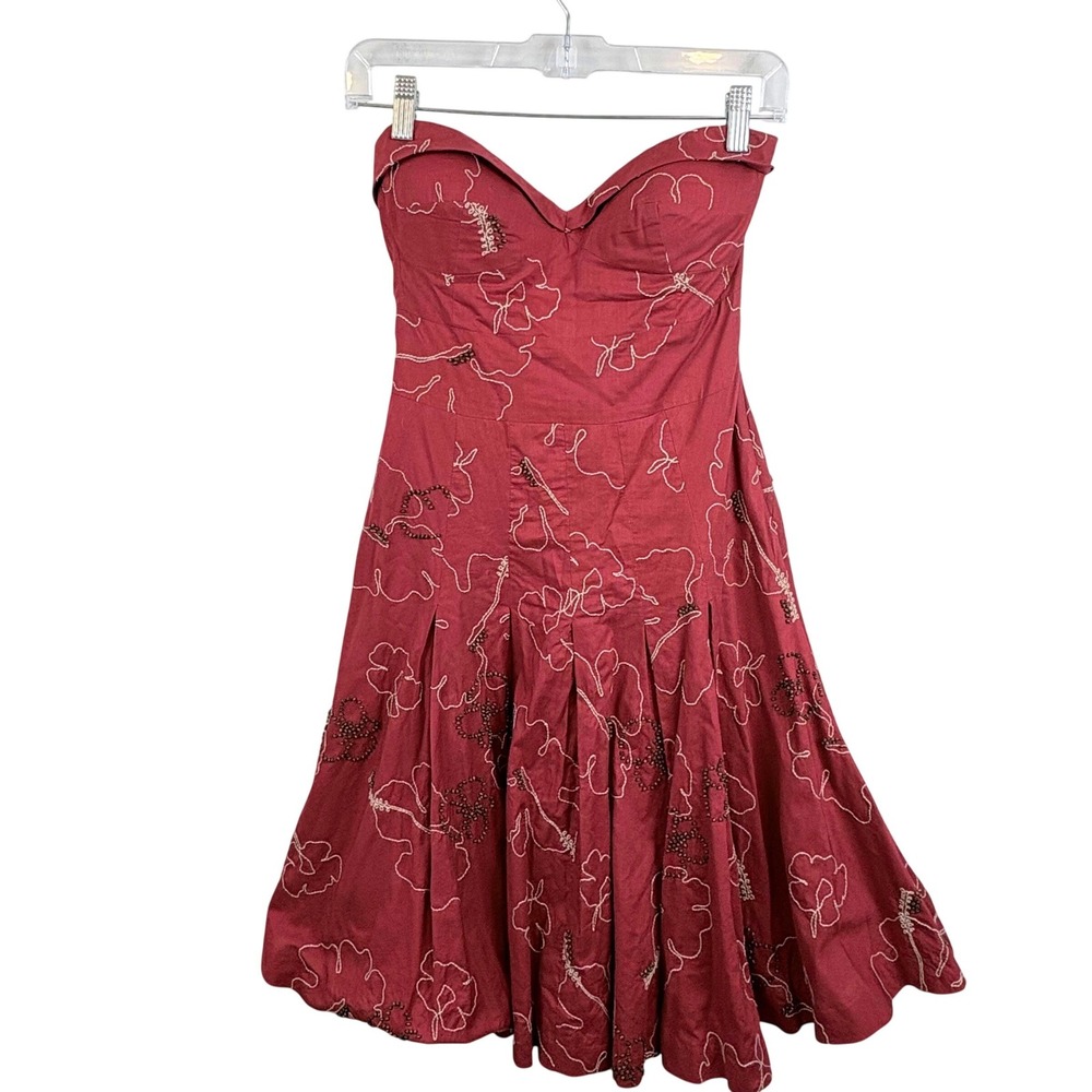 Tibi Red Cotton Strapless Beaded Floral Embroidered Dress with Tulle Fairy Sz4‎